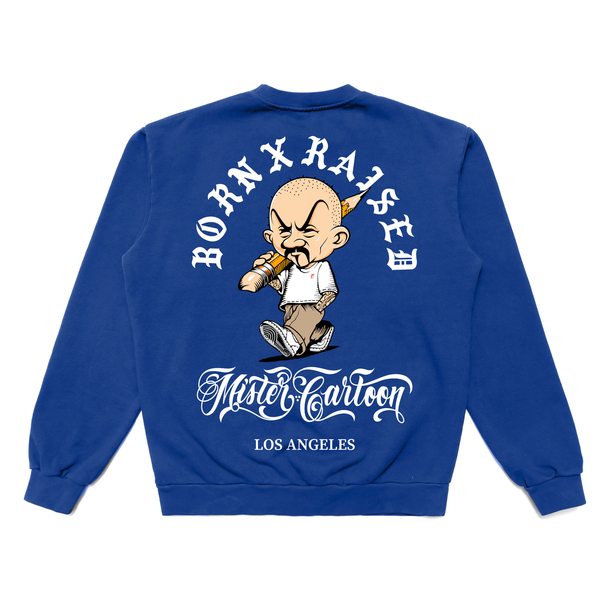 BORN X RAISED + MR CARTOON PENCIL HEAD CREWNECK: ROYAL BLUE – Born
