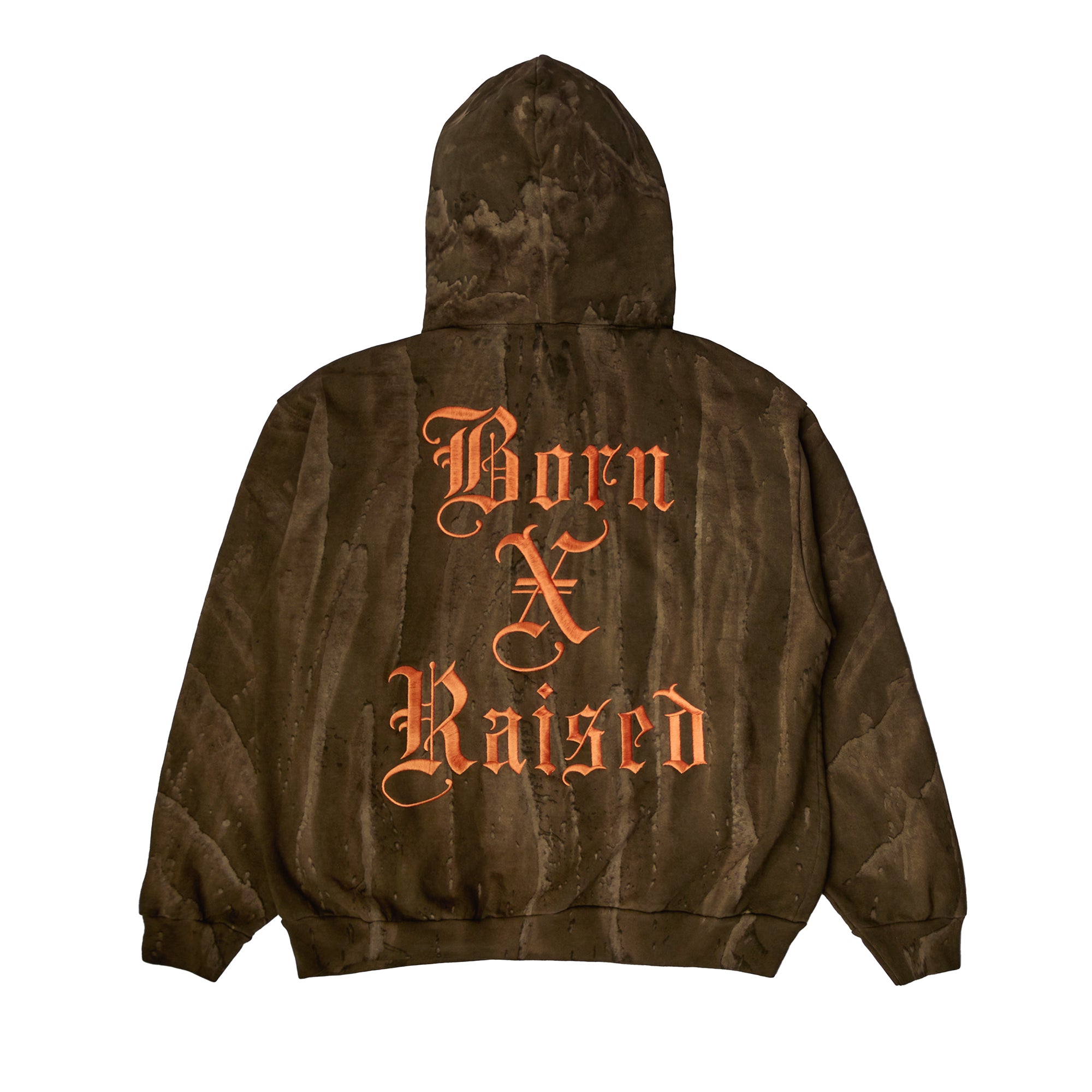 BLACKLETTER DRIP DYE ZIP-UP HOODIE: MOSS – Born X Raised