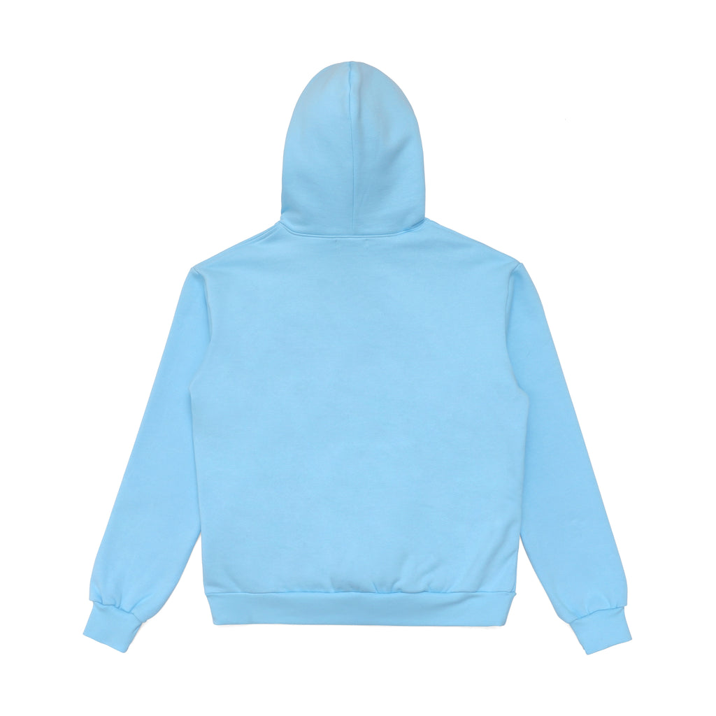 Born and Raised Valentines Day Collection "Too Many Tears" - Embroidered BornXRaised hood and Chest logo on baby blue sweatshirt.